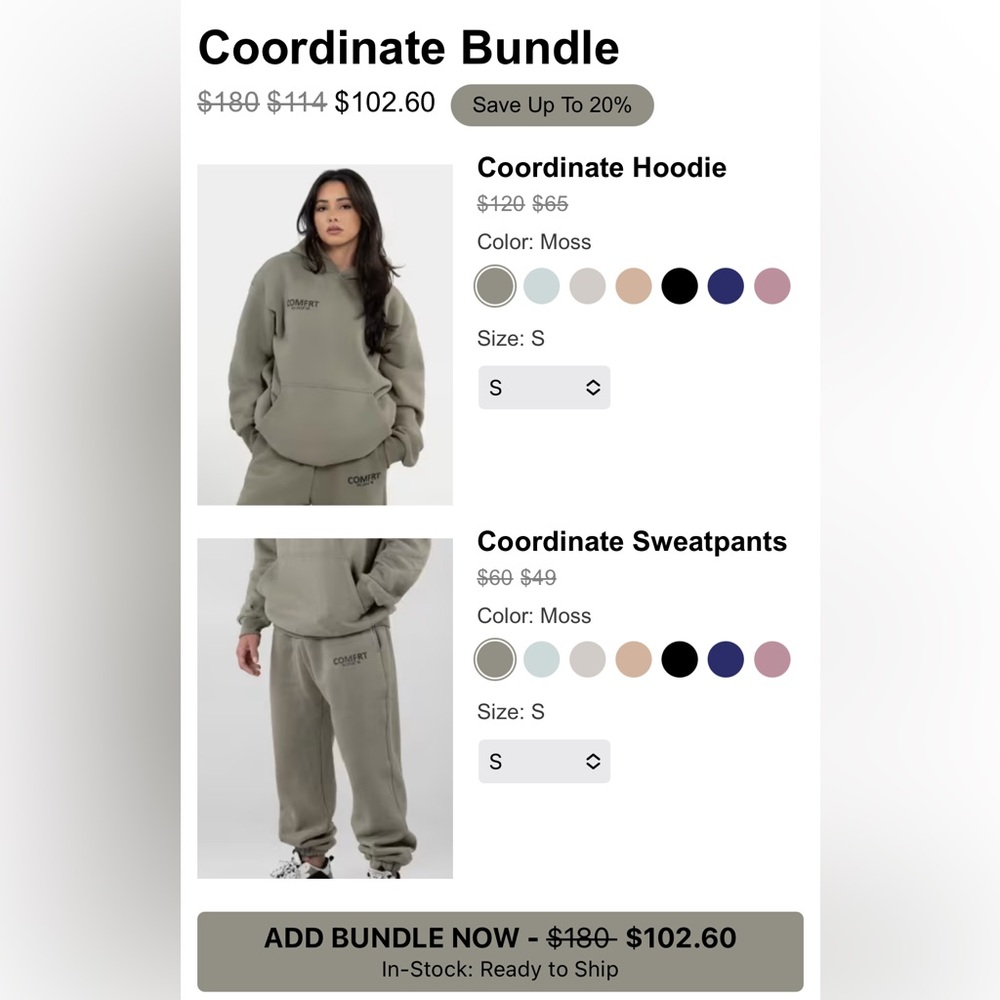Comfrt Coordinate Set Hoodie + Sweatpant Size Small Color Moss New in Bag
